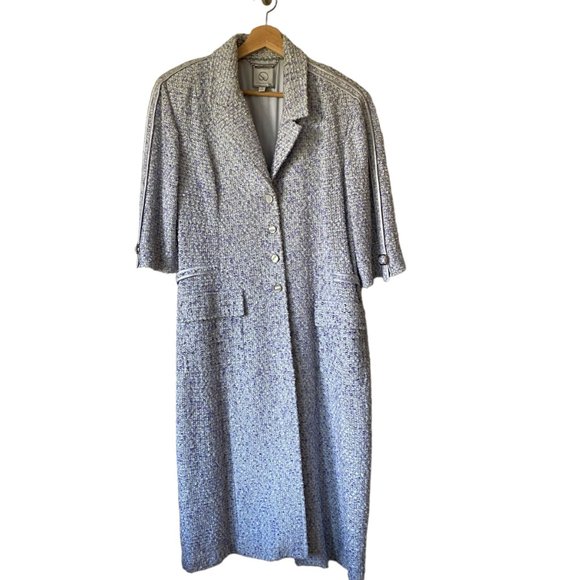St. John Couture Long Grey Lavender Metallic Tweed Coat 3/4 Sleeve Lined Size Md
